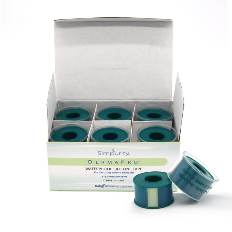 Safe n Simple Simpurity DermaPro Silicone Tape Waterproof - 1"x15' 12 Count - Latex Free Tape Medical for Securing Wound Dressing - Waterproof Surgical Silicone Tape - Medical Tape for Sensitive Skin - Image 1